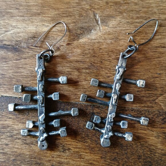 Vintage rare MCM Brutalist silver drop earrings - Signed, possibly Larin?? - Picture 1 of 3